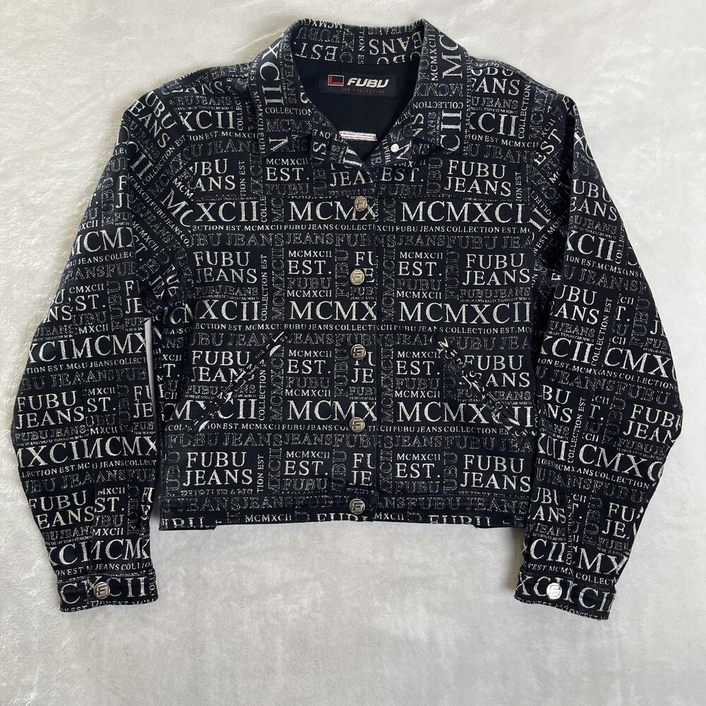 Vintage FUBU Jacket Kids Large Black Denim Bomber All Over Print Hip Hop Y2K